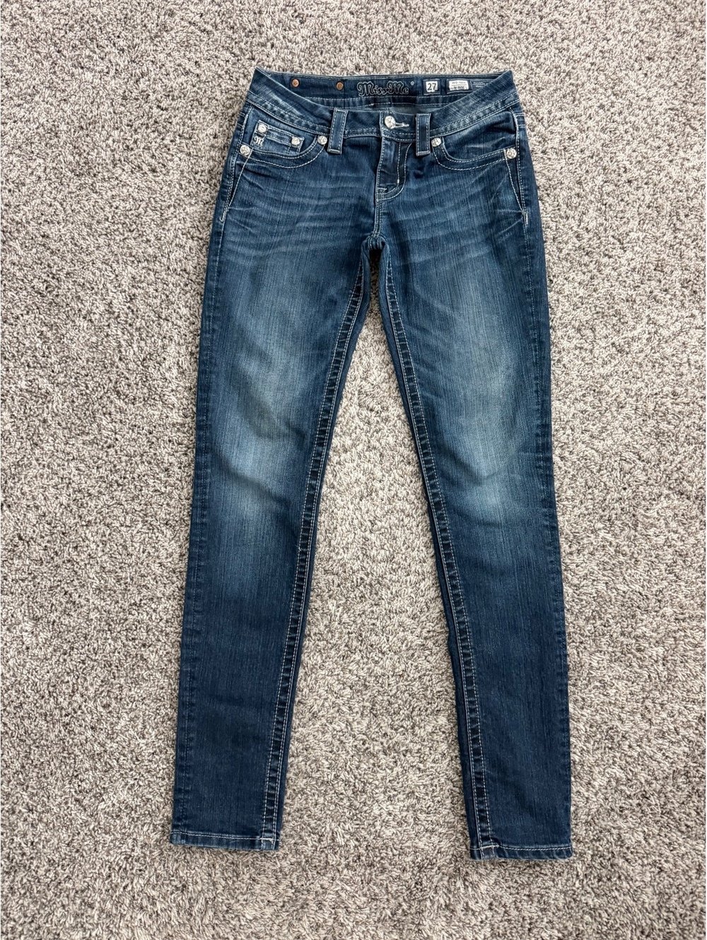 Miss Me Mid-Rise Skinny Blue Sequins/Rhinestone Pockets Jeans Women's Size 27